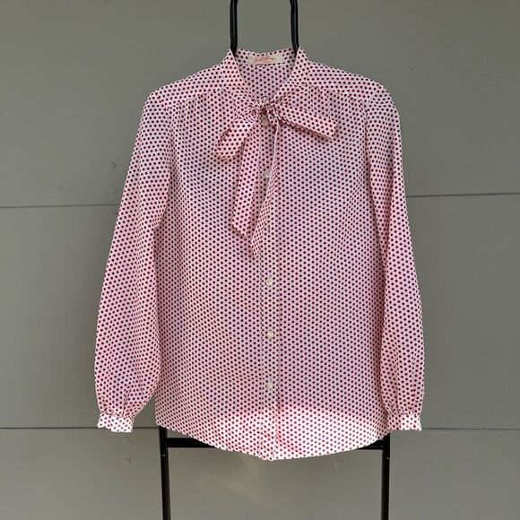 Vintage 1970s Red White Polkadot Pu*sy Bow Shirt Top Blouse, L, Janet Sloane - Picture 7 of 8